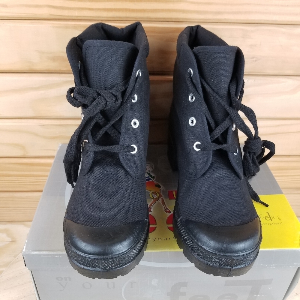 Black Canvas Combat Military Biker Moto Ankle Boots Lace up 8 US NEW Block Heel - Picture 2 of 9